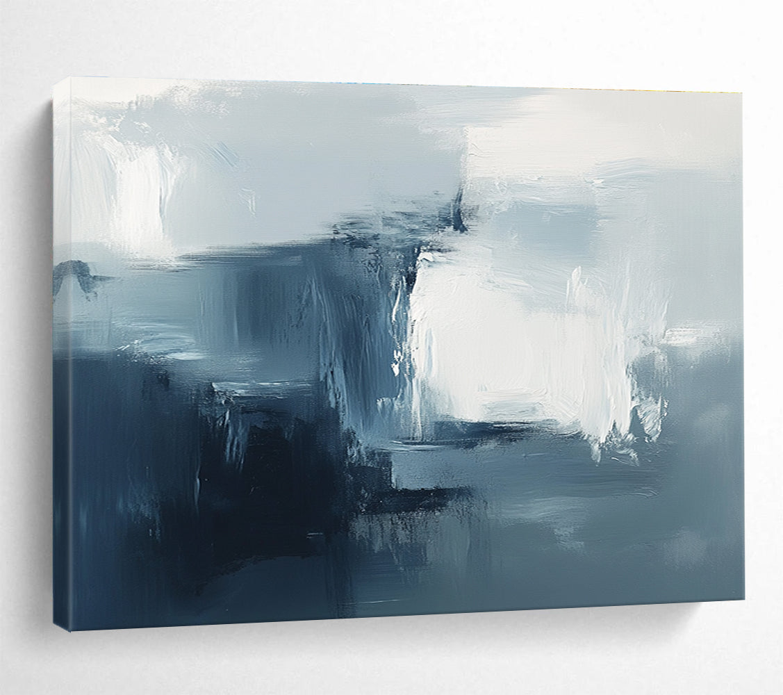 Large abstract painting with soft brushstrokes and a dreamy atmosphere featuring cool tones and minimalistic design elements to create a sense of mystery.SC232