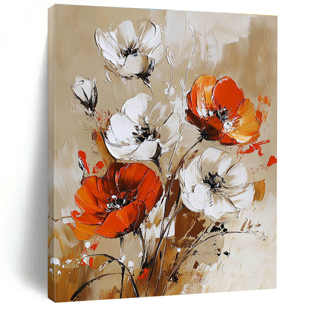 Large abstract painting featuring vibrant white orange and red flowers on a beige background with dynamic brushstrokes.STSC1127