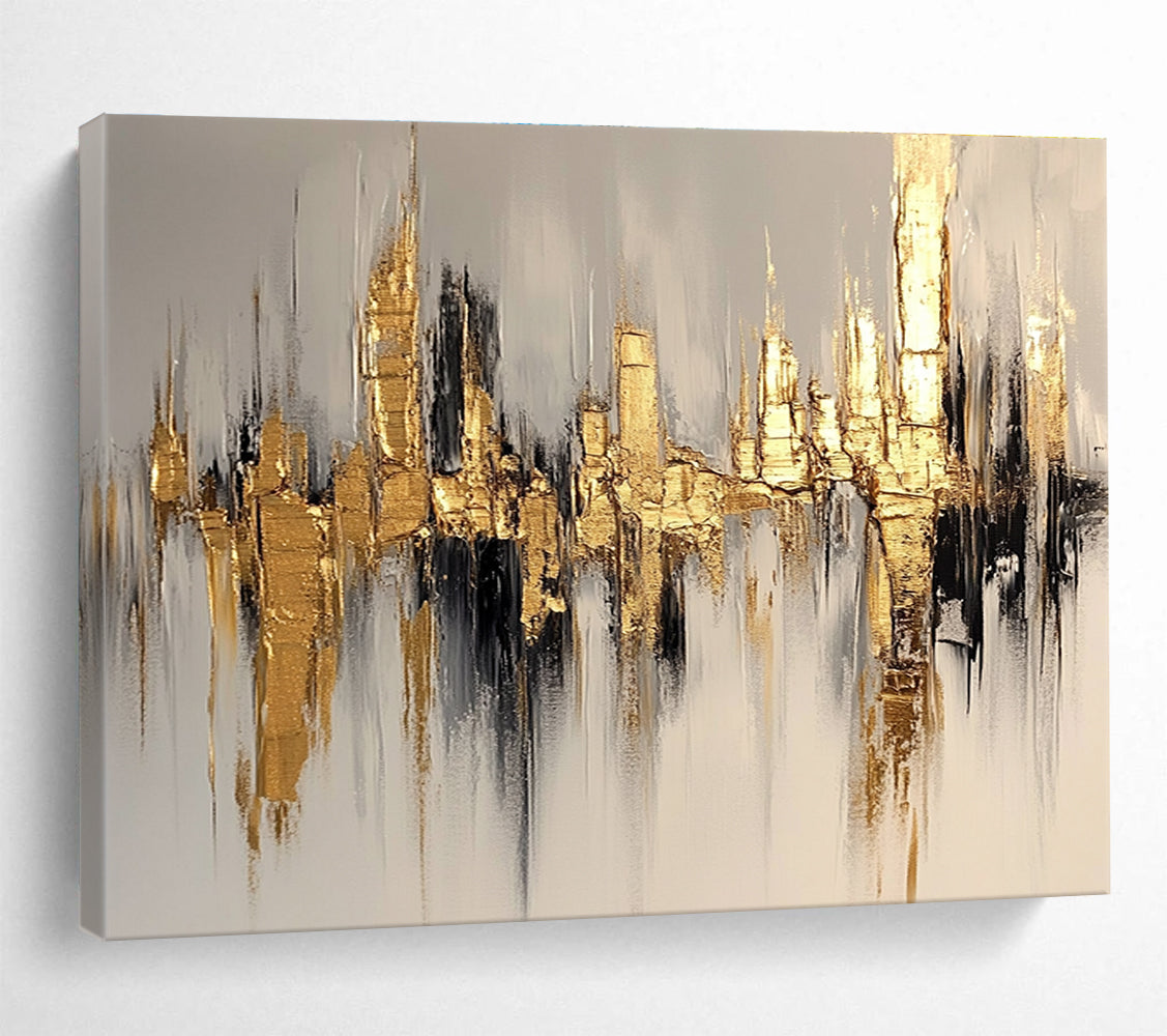 Large abstract painting of a cityscape in gold and white, featuring bold brush strokes on a white background with neutral tones.SC170