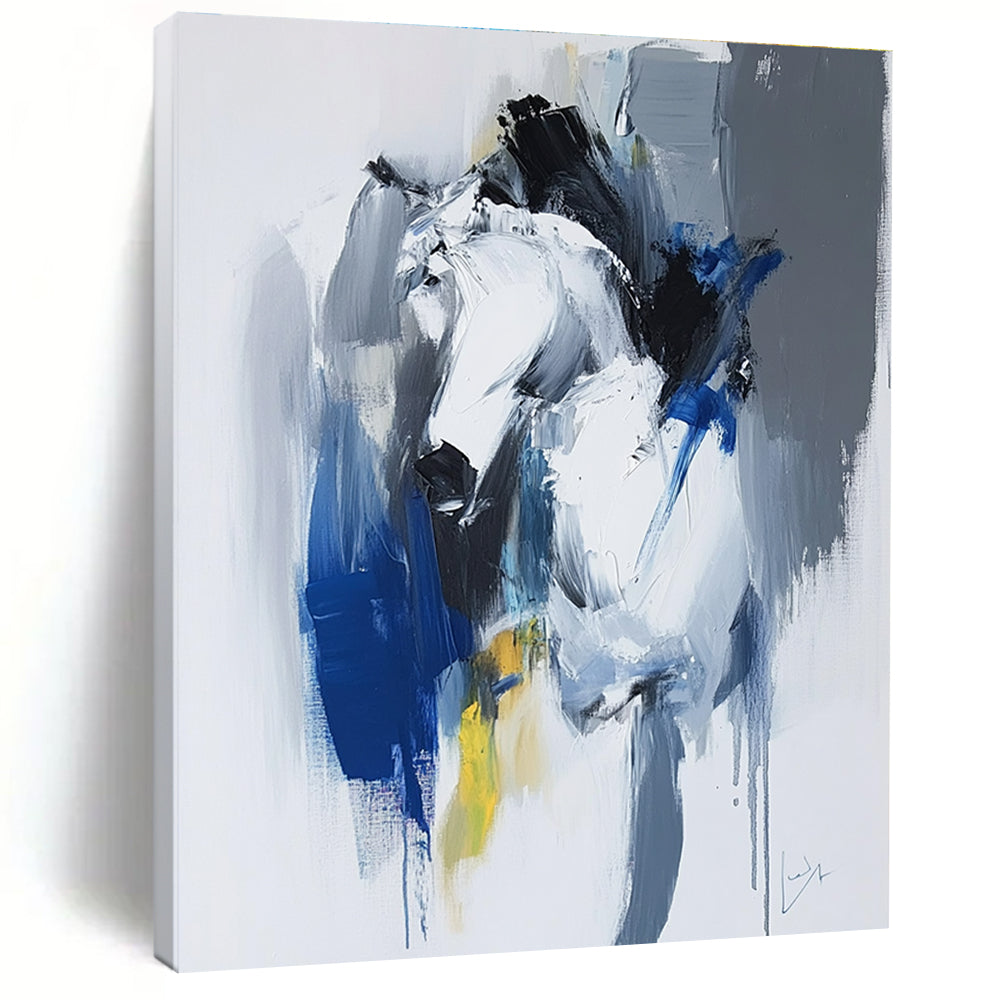 Large abstract painting in blue and white with dynamic brushstrokes reveals movement and emotion featuring elements of strength and energy.STSC036