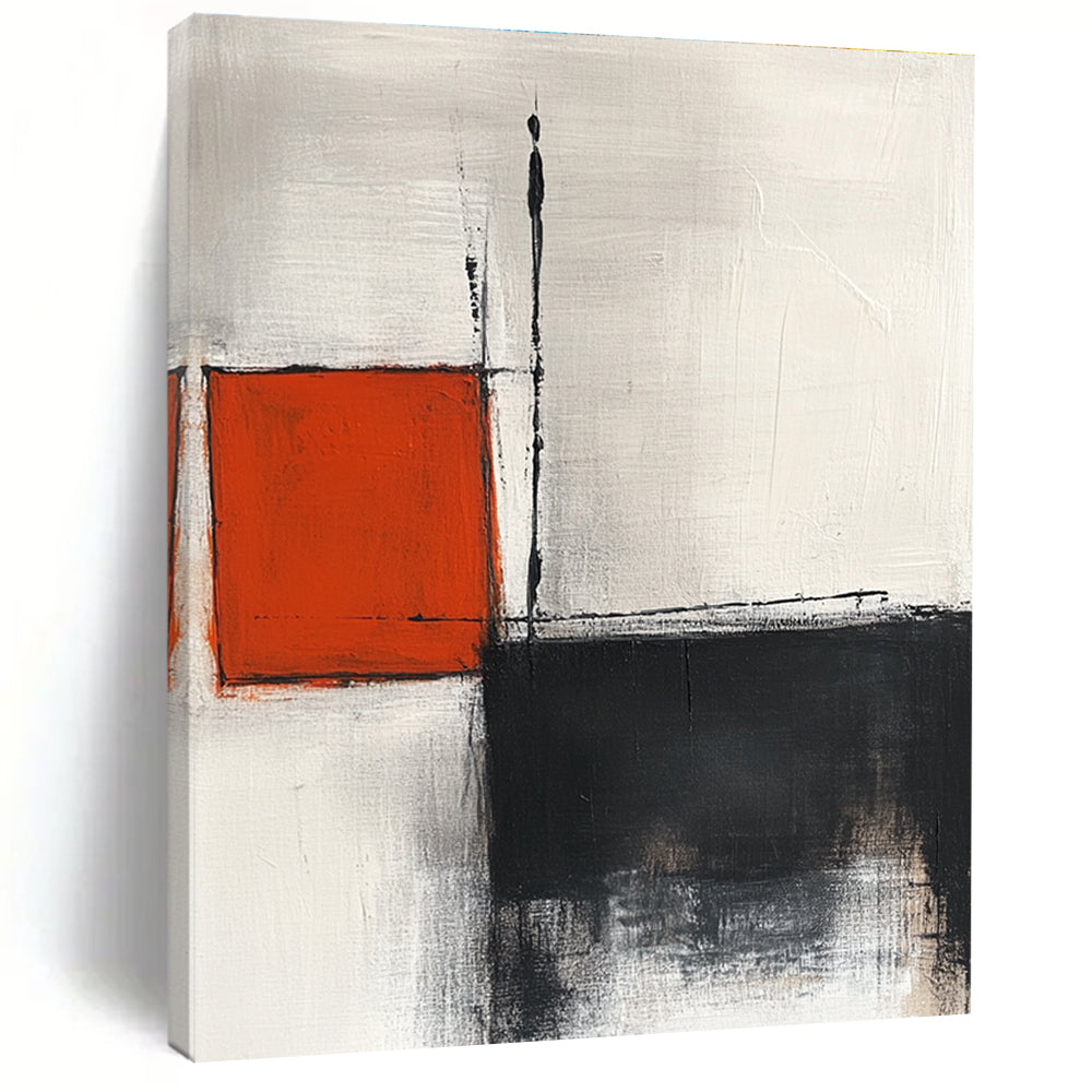 Large abstract painting featuring lines squares and soft edges in white grey black and red tones with minimalist elegance and high-resolution quality.STSC772
