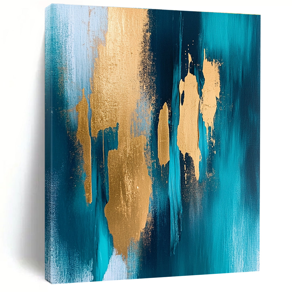 Teal and Gold Abstract Painting with Dynamic Forms GER381