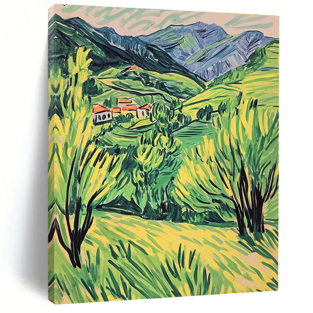 A large abstract painting capturing a vibrant spring Alps landscape in doodle style with simple lines and lively green and yellow hues.STSC1017
