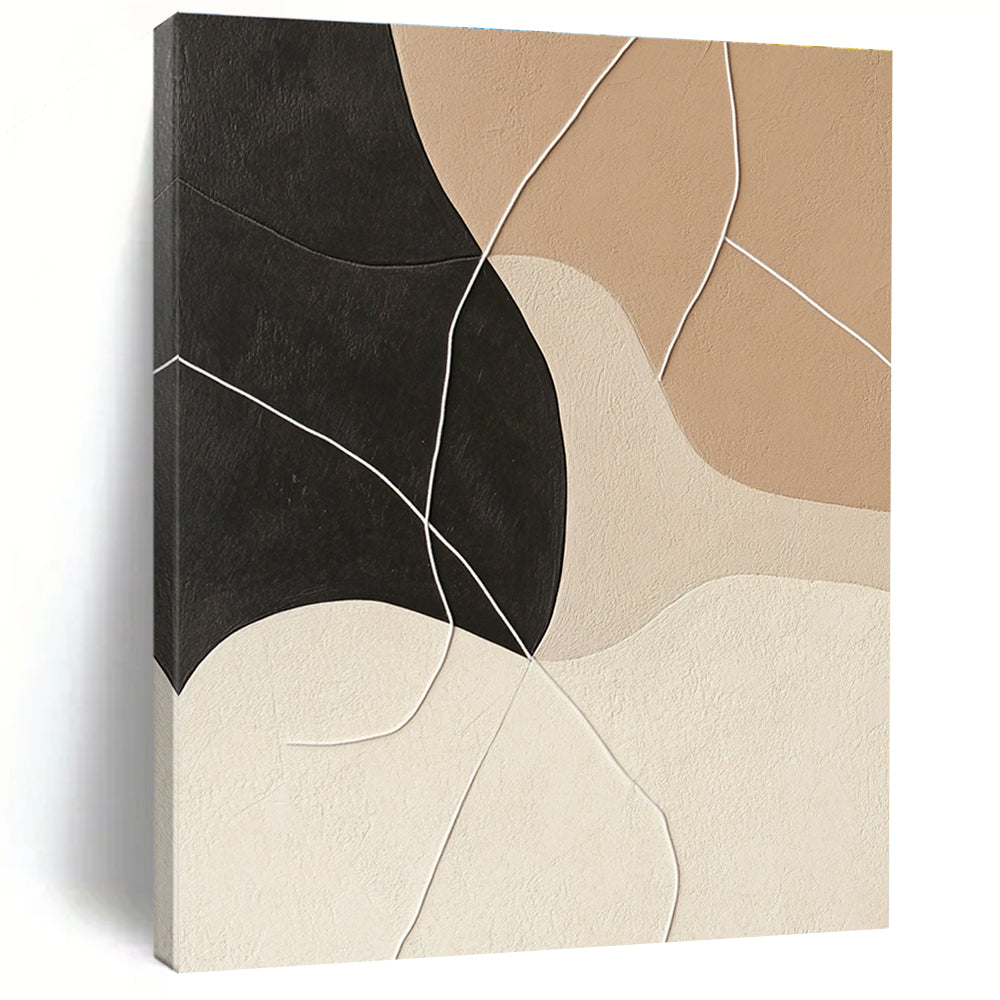 Large abstract painting in beige and black with interconnected white strings for a striking and modern artistic statement.STSC468