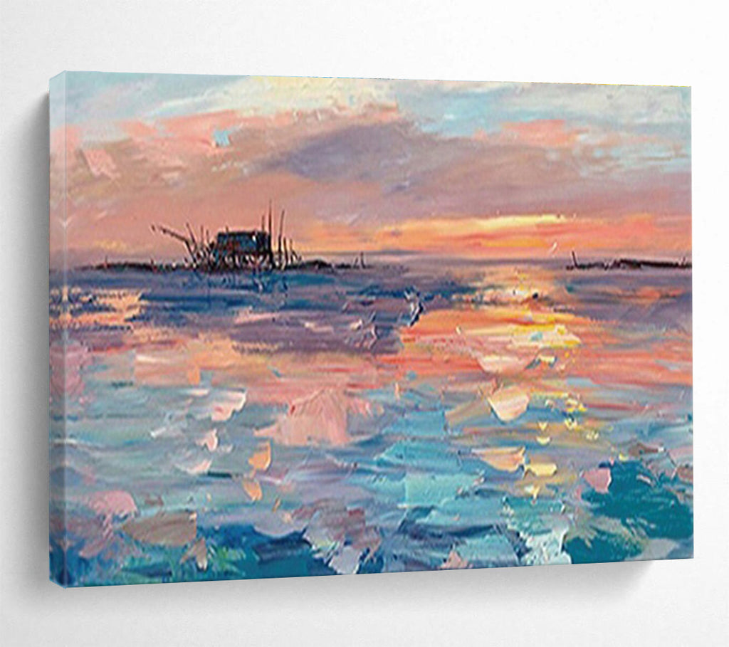 Sunset Fishing Village Abstract Painting with Pink, Orange, and Blue Tones THY205