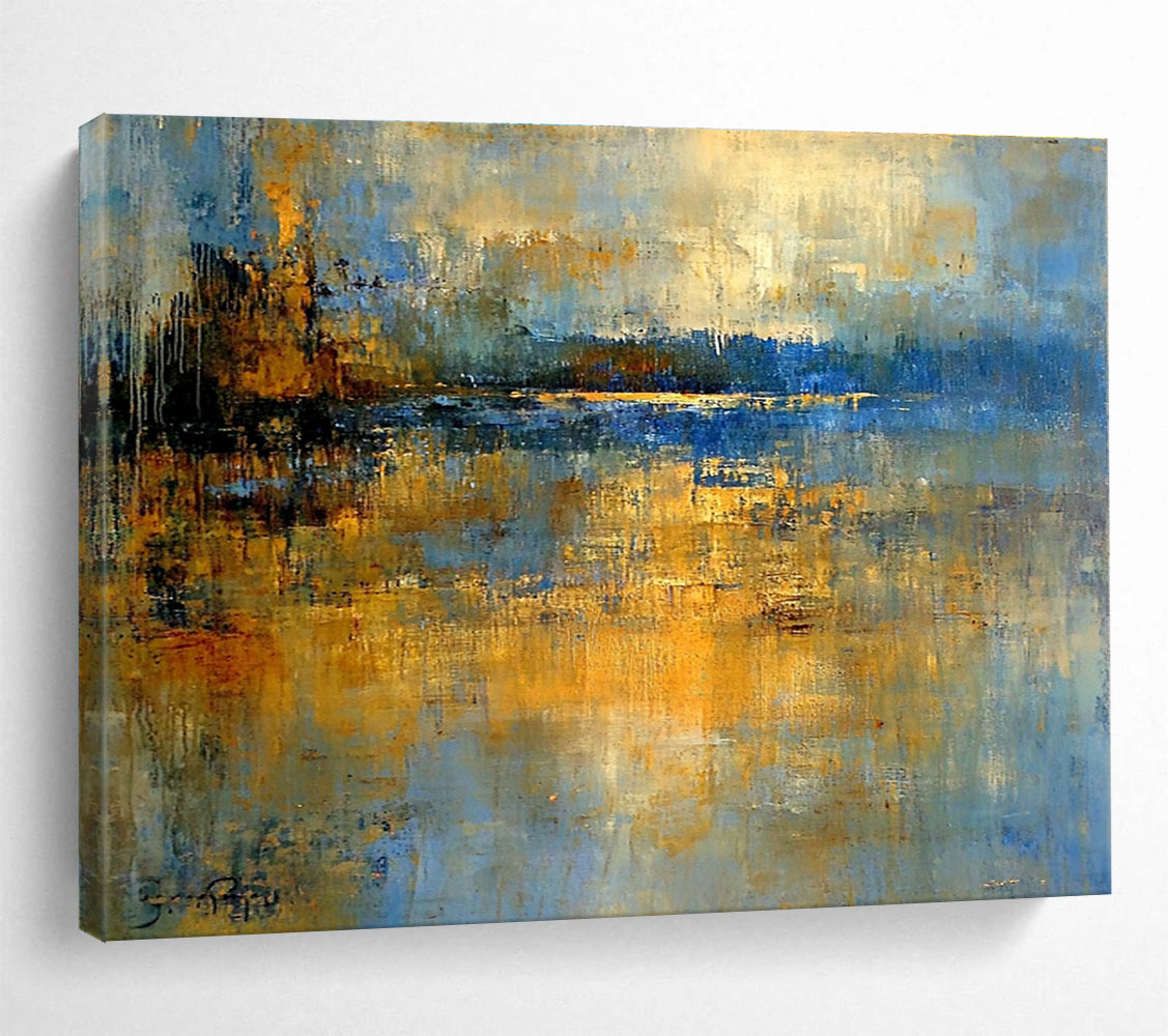 Abstract Lake Landscape Painting with Blue and Gold Tones DYP519