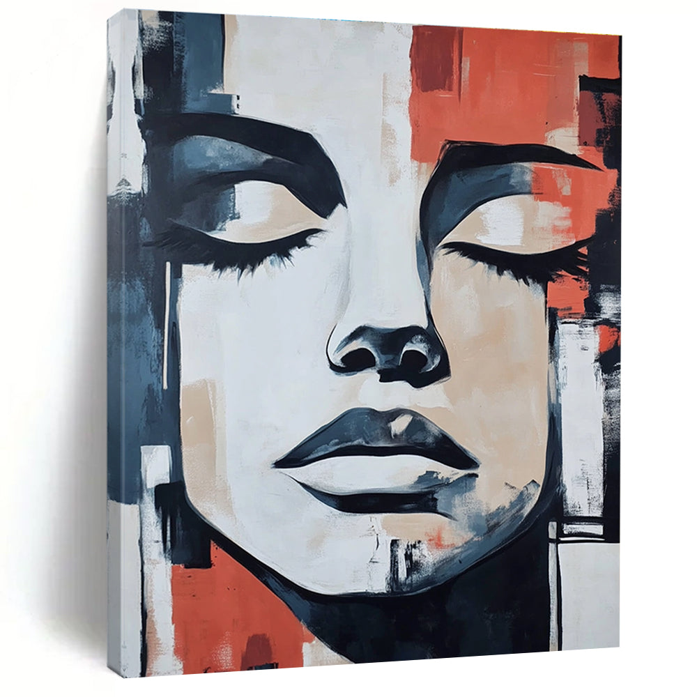 Large abstract painting featuring a masked face with closed eyes against urban shapes in gray beige black blue red and orange in oil on paper.STSC991