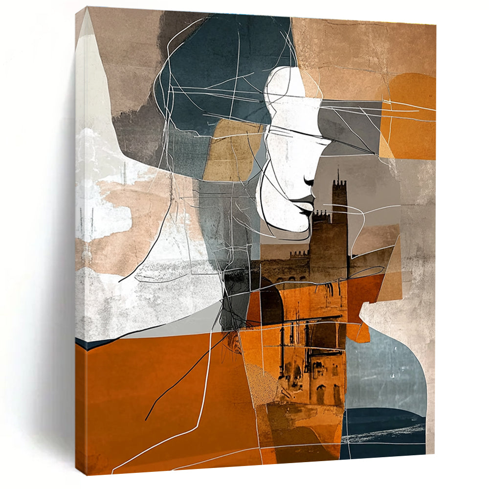 Large abstract painting featuring shapes in brown grey blue and orange with expressionist woman geometric figure and shadowed castle in Parisian urban life.STSC540