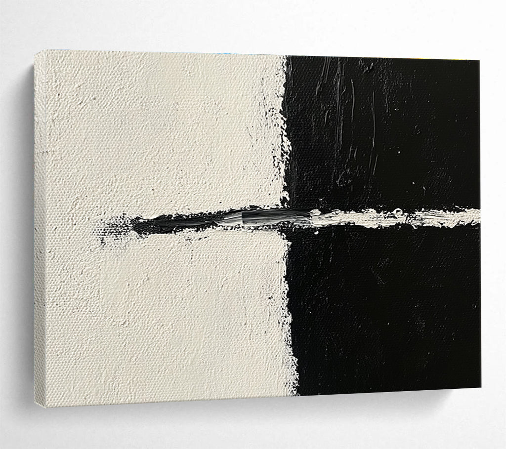 Large abstract painting in black and white featuring simple lines with an arc and bold brush strokes in the upper left corner.SC141