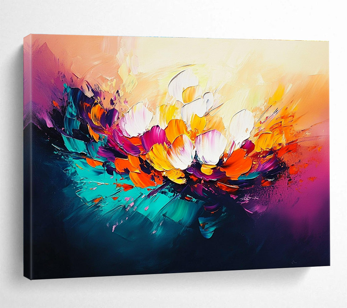 Large abstract oil painting of flowers in vibrant orange teal magenta with expressive brushwork and glowing lights creating a dynamic composition.SC320