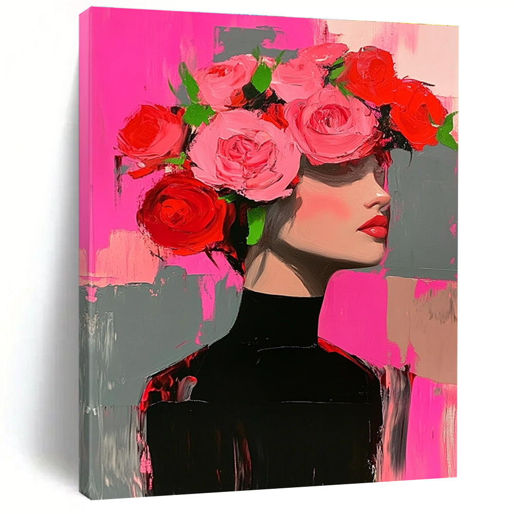 Abstract painting of a woman in a black dress adorned with pink and red roses, set against a pink and grey background.STSC1392