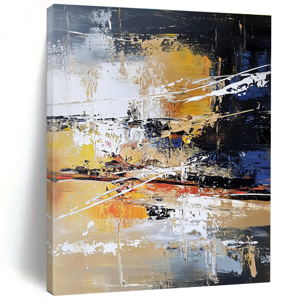 Large abstract painting features layers of colors and textures with white lines depicting water trees and a river in an urban landscape.STSC766