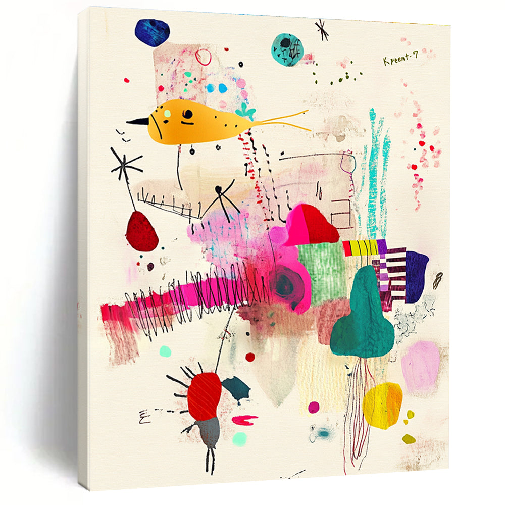 A large abstract painting featuring Krent-7 with whimsical patterns and vibrant fabric scraps on a beige background.STSC1235