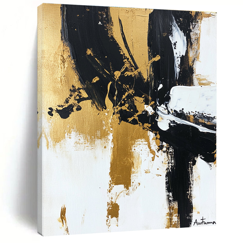 Large abstract painting of Autumn in black white and gold featuring loose brushstrokes and textured layers for elegant depth and simplicity.STSC1066