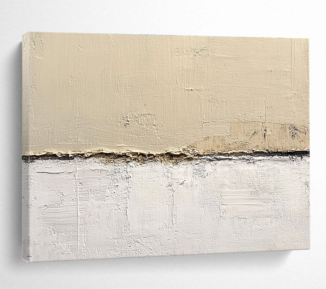 Abstract painting on textured beige wall features neutral tones in a minimalist style executed in oil on canvas with a harmonious color palette.SC181