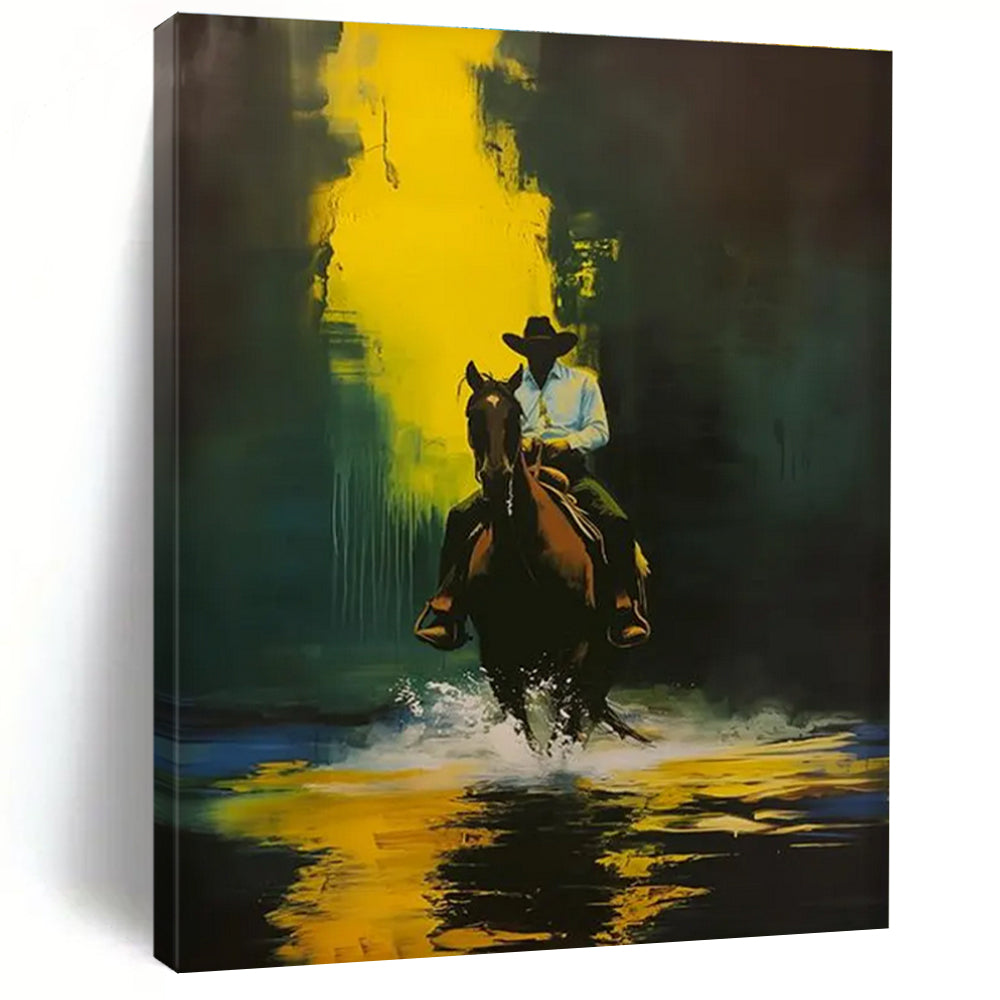Cowboy on Horse in Yellow and Green Abstract Painting ADGE104