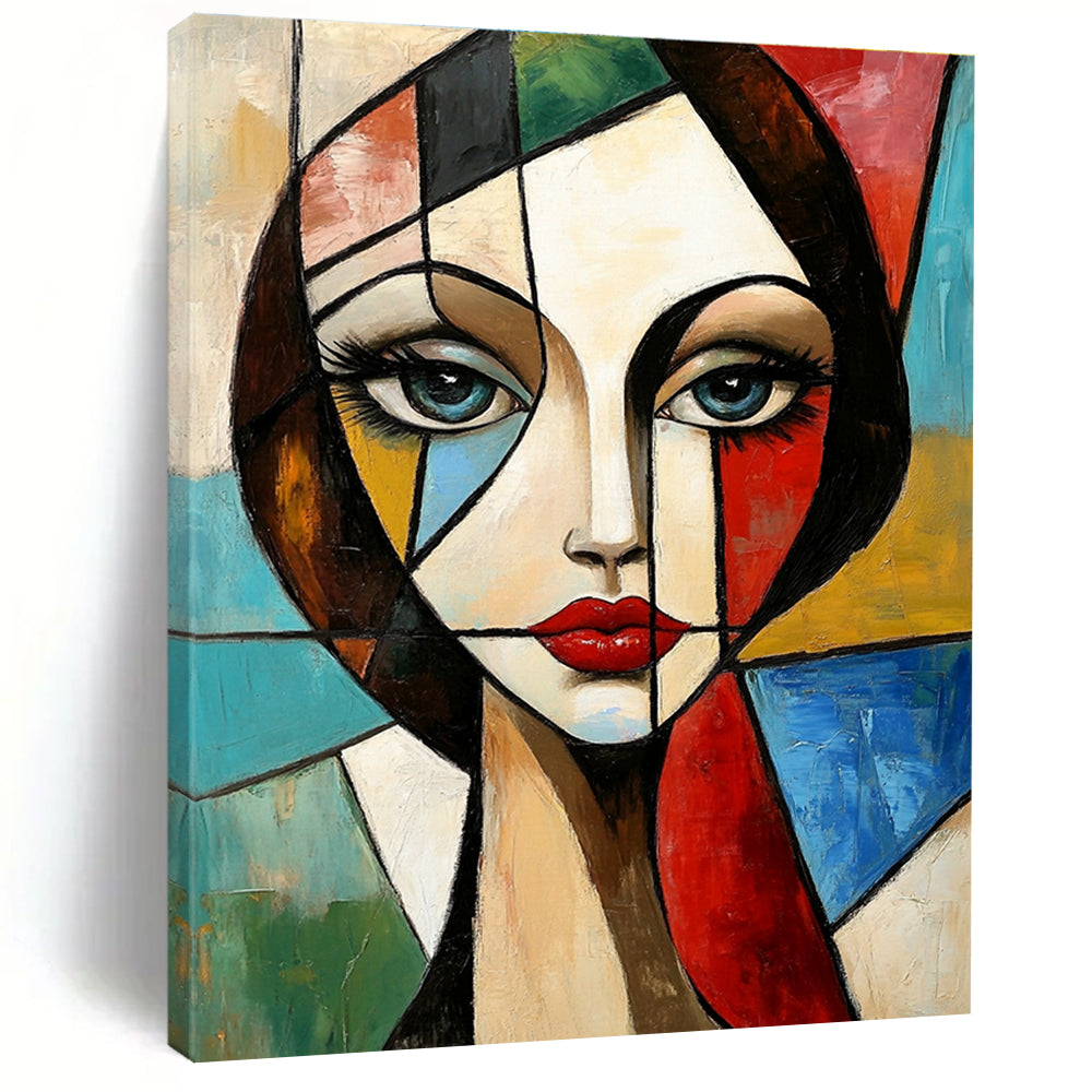 Large abstract painting in Cubism style features a geometric portrait of a woman with vibrant colors and dynamic patterns in the background.STSC1376