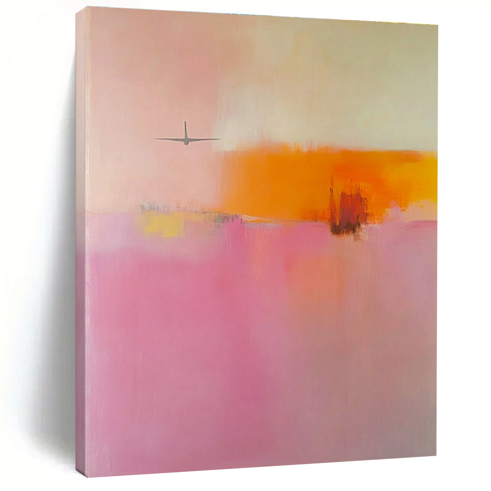 Large abstract painting in soft pink orange and yellow tones featuring blurred edges and an airplane shape in a minimalist style.STSC789