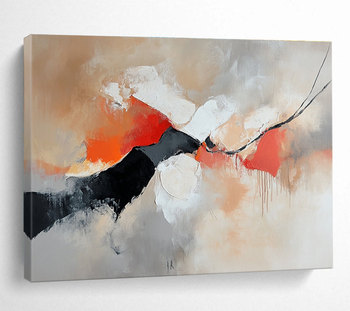 Large abstract painting featuring warm colors and soft shapes on a gray background with emotional expressions in red orange and black tones.SC265