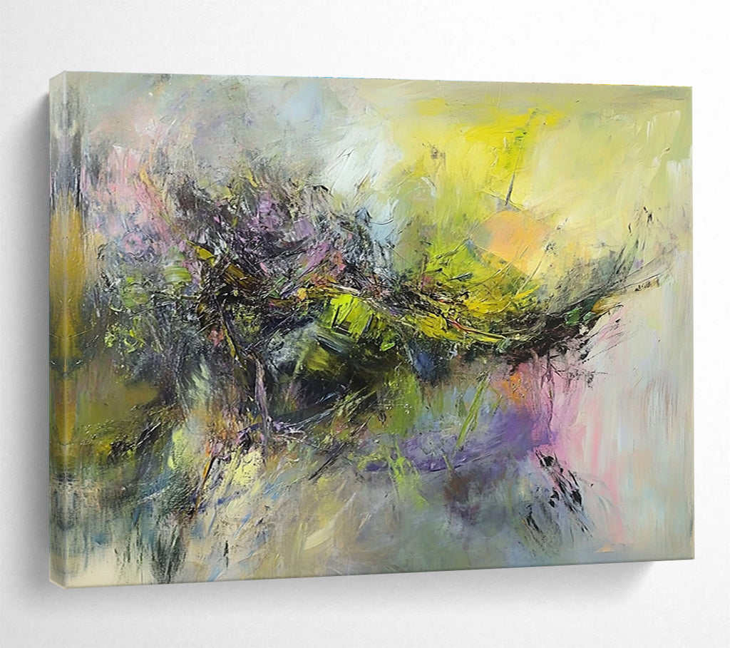 Large abstract painting of a battlefield with thick brush strokes in muted greens yellows pinks and purples depicting movement and chaos.SC305