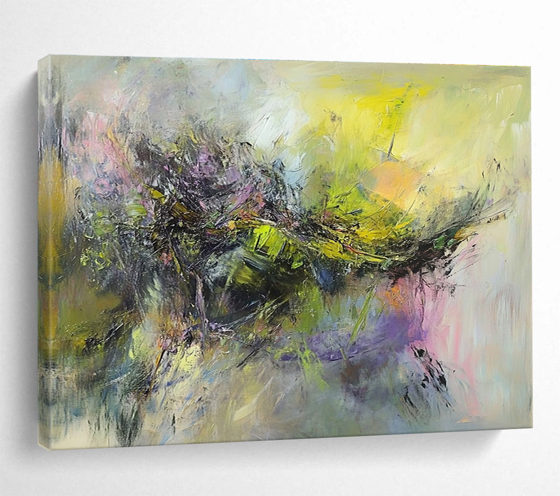 Large abstract painting of a battlefield with thick brush strokes in muted greens yellows pinks and purples depicting movement and chaos.SC305