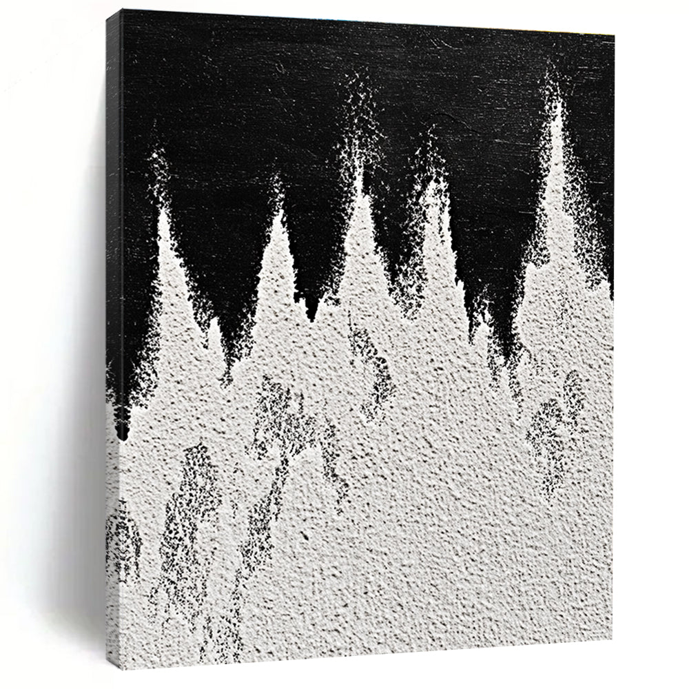 A large abstract painting featuring white powder on a black background with textured mountain ranges in playful gray and white tones capturing sharp edges.STSC1487