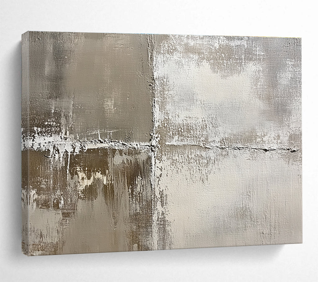 Abstract painting featuring an aged textured canvas in soft neutral tones evoking nostalgia with weathered effects of grays and whites.SC445