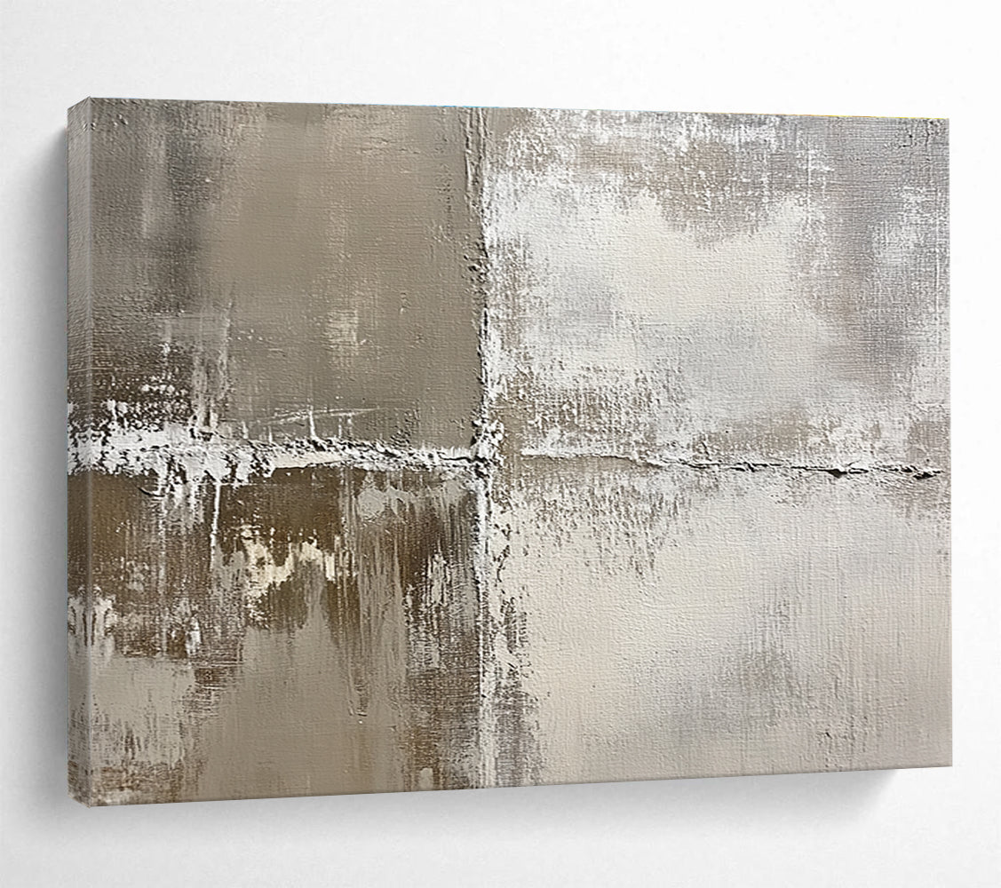 Abstract painting featuring an aged textured canvas in soft neutral tones evoking nostalgia with weathered effects of grays and whites.SC445