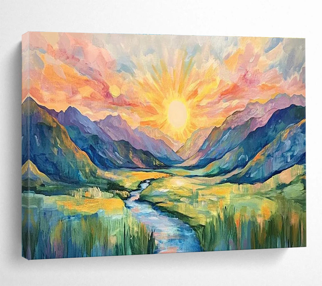 Sunburst Mountain Abstract Painting with Radiant, Expressive Colors THY416