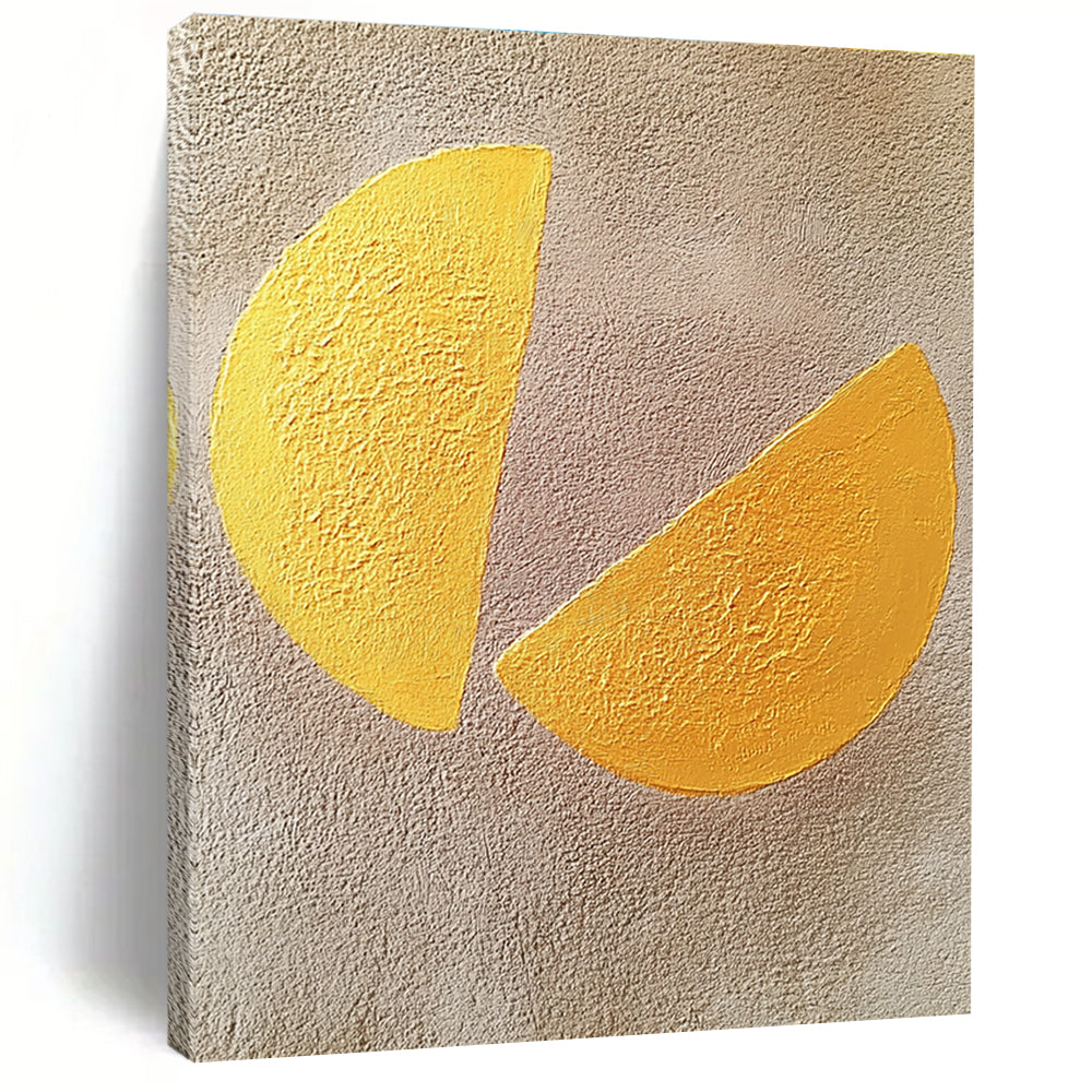 Abstract painting featuring two yellow semi-circular shapes on a textured gray background showcasing minimalist artistry and contemporary appeal.STSC1456