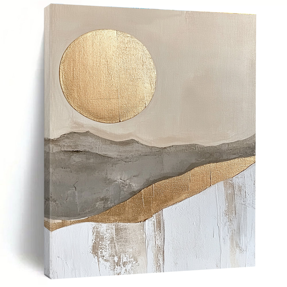 Large abstract painting featuring a golden sun and moon in a soft gray beige and white landscape with textured gold accents.STSC126