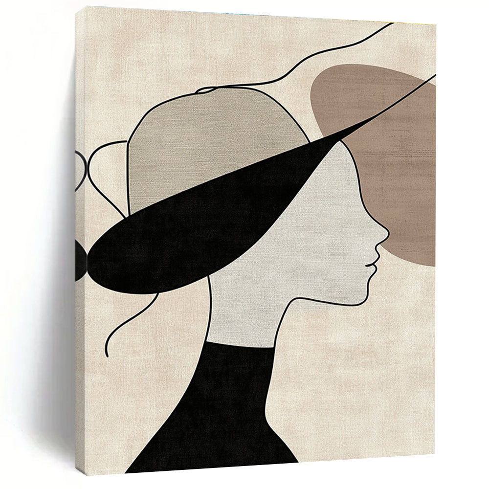 Abstract art featuring a woman in profile adorned with a hat on a beige background with visible brush strokes and neutral colors and black lines.STSC1335