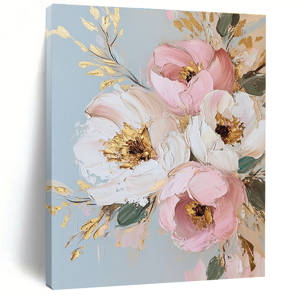 Large abstract painting featuring light pink and gold flowers on a light gray background with exquisite details and a white and cream style.STSC1375