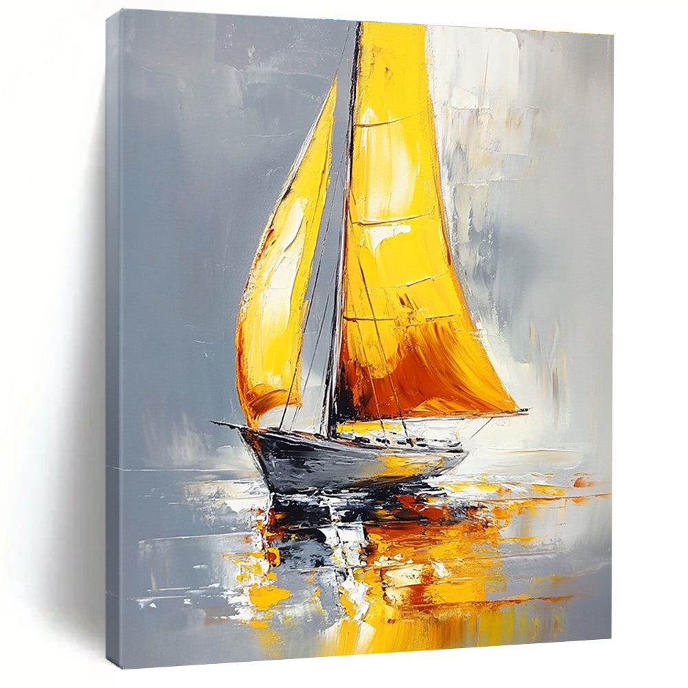 Large abstract painting of a sailboat with yellow sails on water featuring gray background and warm colors with soft lighting and bold brushstrokes.STSC1400