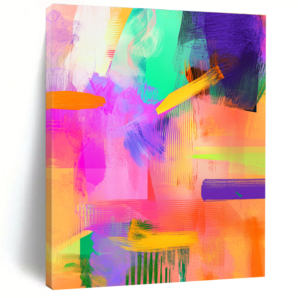 Large abstract painting featuring vibrant brush strokes in neon pink and mint green with details of purple and orange for a modern aesthetic.STSC551