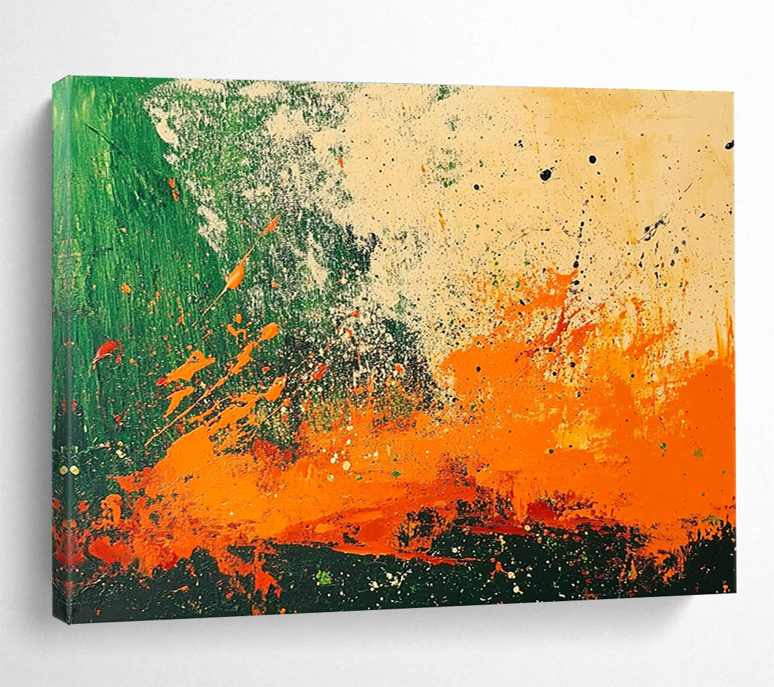 Energetic Splatter Abstract Painting with Green and Orange DYP223