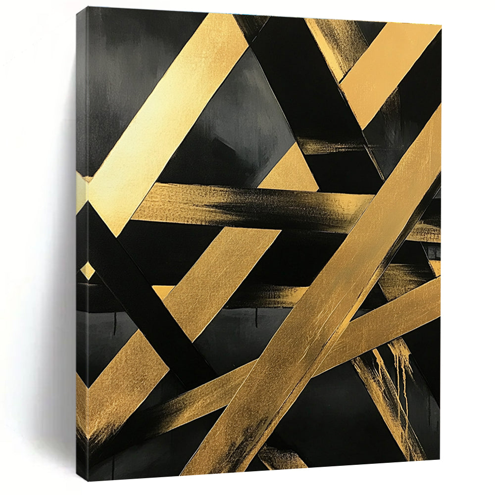 Large abstract painting featuring gold and black diagonal lines on a dark gray background with textured brushstrokes and intertwined golden metal beams.STSC1129