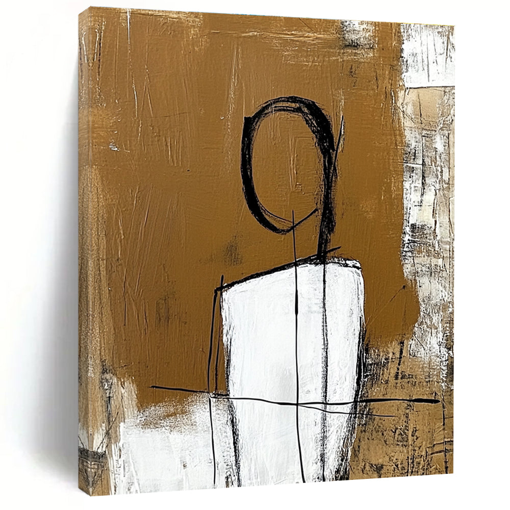 Large abstract painting with a white figure outlined in thick black lines set against an amber brown textured background.STSC050