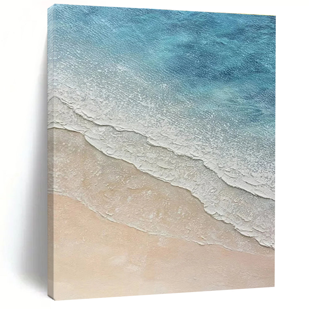 Blue and Beige Beach Wave Abstract Painting with Textured Layers ADGE314
