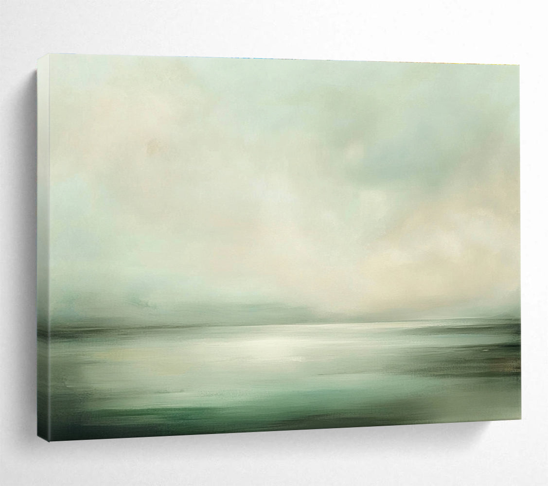 Large abstract painting capturing soft greens and whites of sea and sky, creating an ethereal atmosphere of tranquility and serenity.SC070