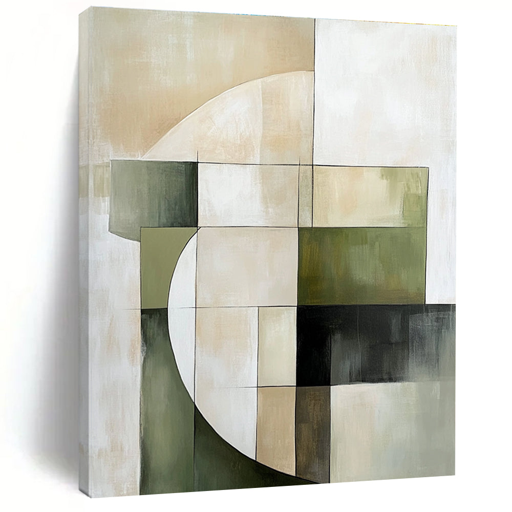 Large abstract painting featuring soft edges geometric forms in green and beige on a neutral background creating an elegant minimalist composition.STSC430