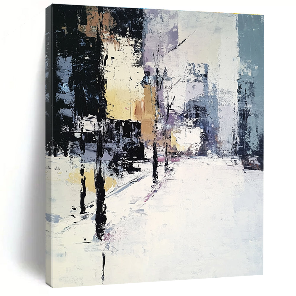 Large Abstract Oil Painting of a Winter Cityscape in Muted Whites and Greys with Beige and Black Accents, Perfect for Modern Decor.STSC159