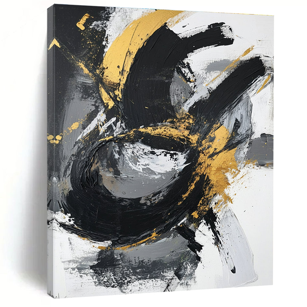 Gold Swirl Abstract with Black White and Gray Motions GER367