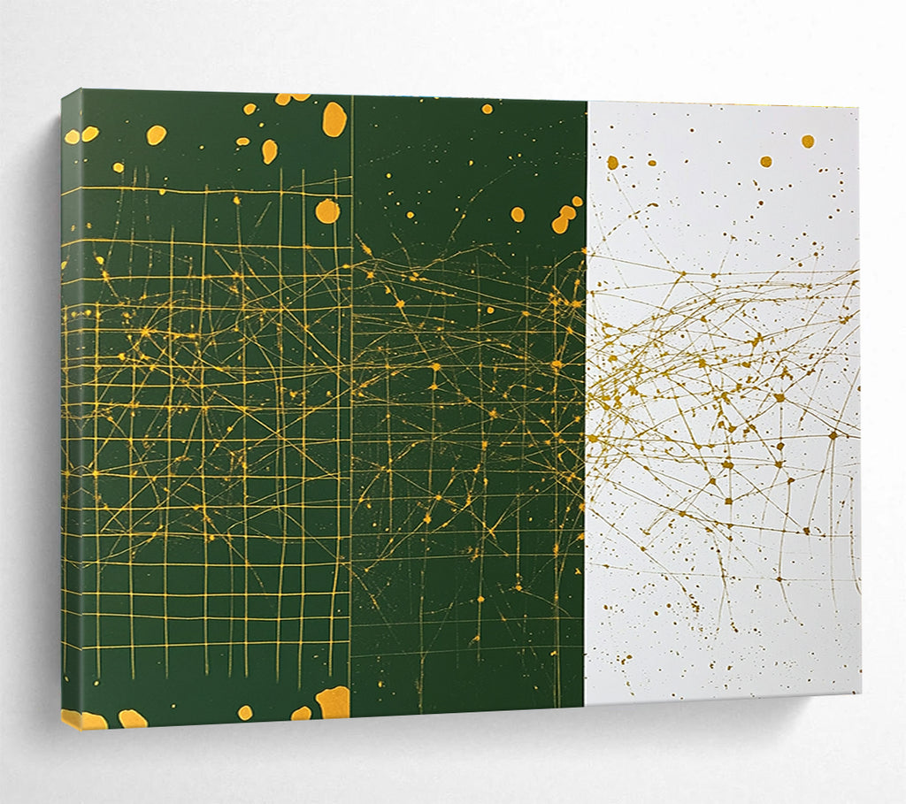 An abstract painting featuring a grid pattern in white and green with yellow splashes gold ink and dark green designs with brown dots.SC471