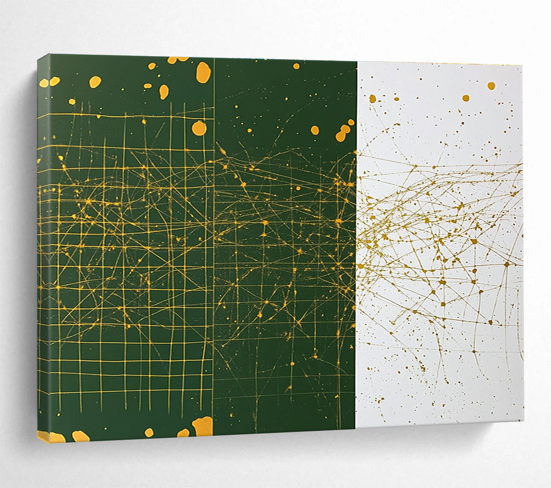 An abstract painting featuring a grid pattern in white and green with yellow splashes gold ink and dark green designs with brown dots.SC471