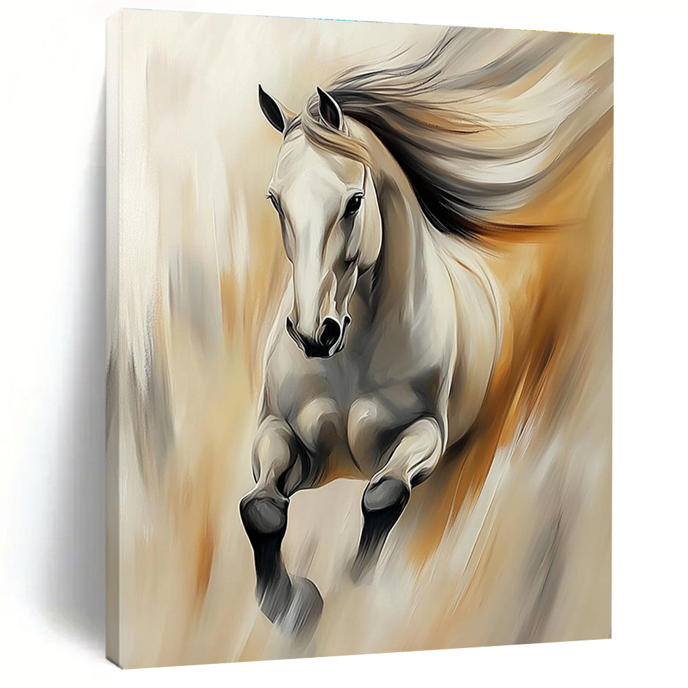 A large abstract painting of an elegant horse in soft colors featuring thick brush strokes and blurred edges with dynamic lighting effects.STSC896