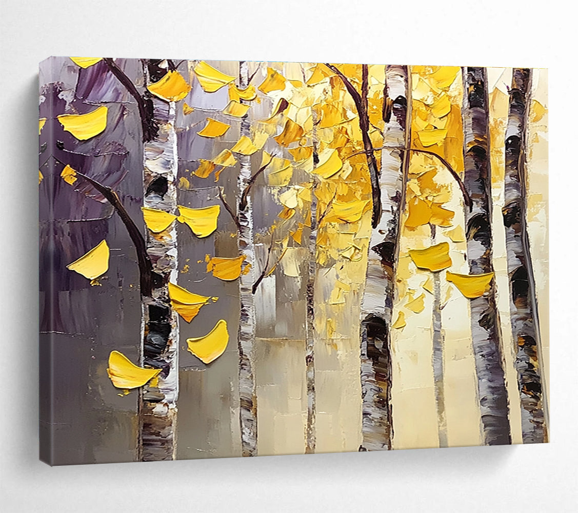 Autumn Birch Trees Abstract Painting with Yellow and Purple Tones DYP565