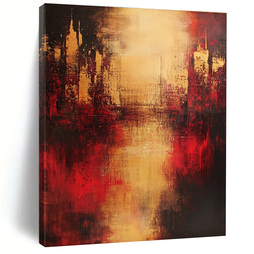 Large abstract painting in red and gold on a dark background with blurred buildings smoke rising and emotional expression of life's pain.STSC444