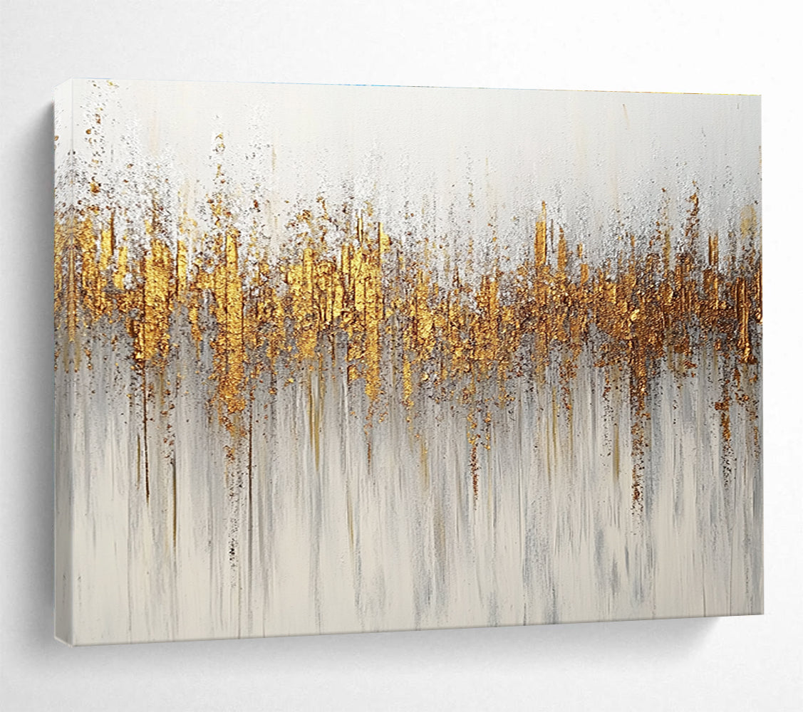 Large abstract painting featuring gold and silver glitter texture on a minimalist white background with neutral tones.SC209
