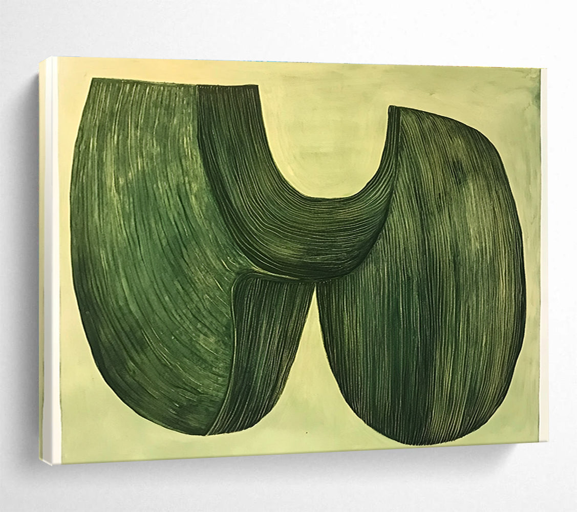 A large abstract painting featuring two organic green shapes fused together on a pastel green background in a 70s retrofuturistic style.SC614
